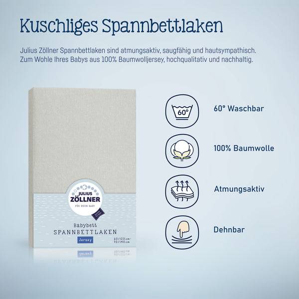 Julius Zöllner Jersey Spannbettlaken für Babymatratzen 60x120 bis 70x140cm, Hellgrau Wochenangebot
