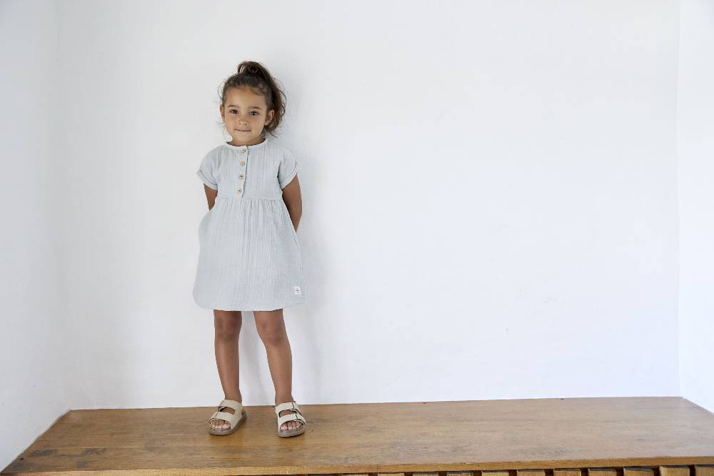 Lässig Musselin Kinderkleid - Bio Baumwolle, Blau Letzte 2 Tage