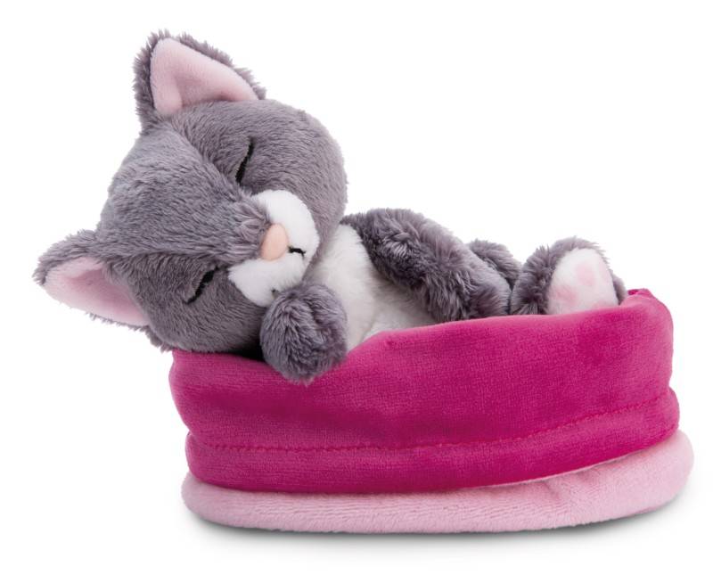NICI Kuscheltier Sleeping Pets graue Katze 12cm im rosa Körbchen NICI GREEN Blitzverkäufe