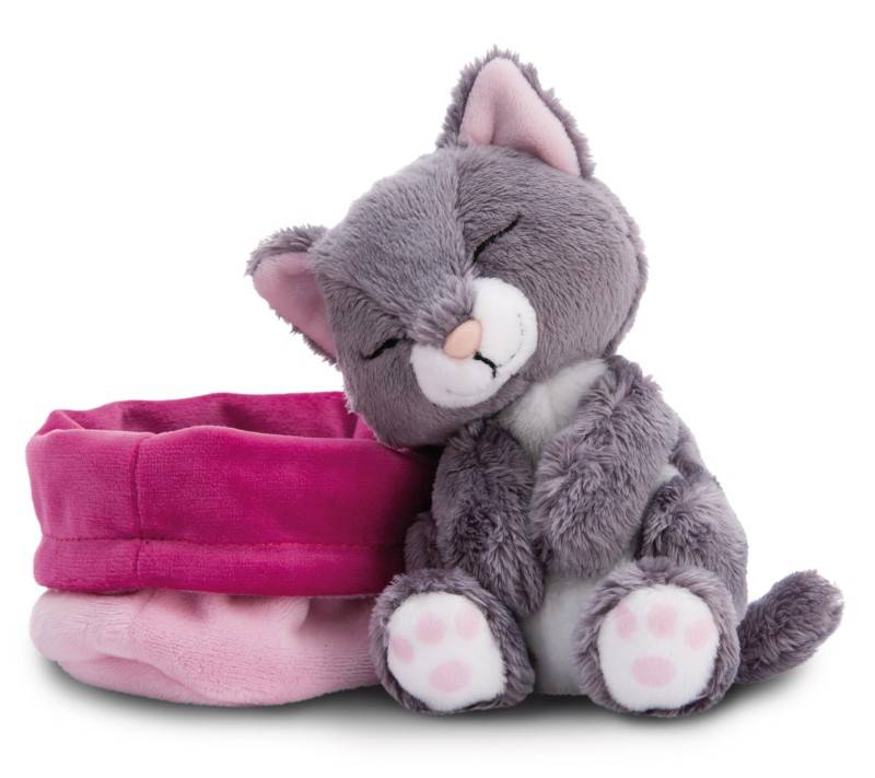 NICI Kuscheltier Sleeping Pets graue Katze 12cm im rosa Körbchen NICI GREEN Blitzverkäufe