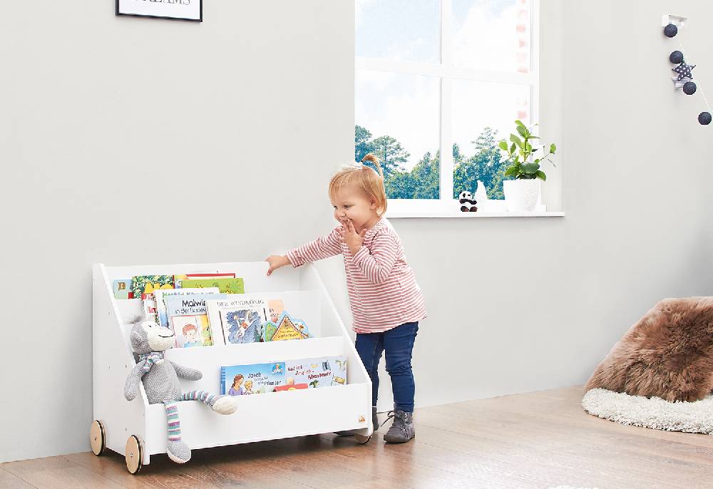 Pinolino Kinderbücherregal mit Rollen 'Lasse', weiß Sonderangebot der Fabrik