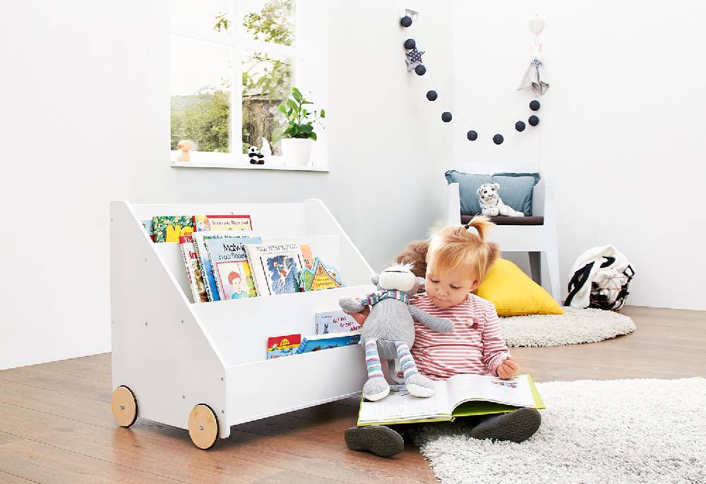 Pinolino Kinderbücherregal mit Rollen 'Lasse', weiß Sonderangebot der Fabrik