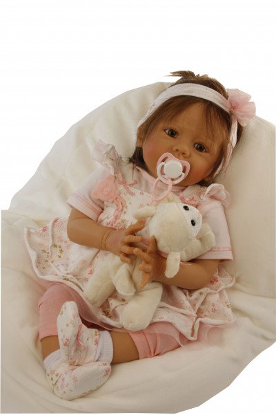 Schildkröt Manufaktur Baby Pina 52 cm von Karola Wegerich , braune Haare, Kleidung rose/weiss