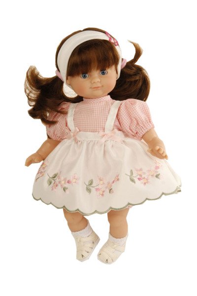 Schildkröt Manufaktur Puppe Schlummerle 32 cm braune Haare, blaue Schlafaugen, Kleidung rose mit Stickerei