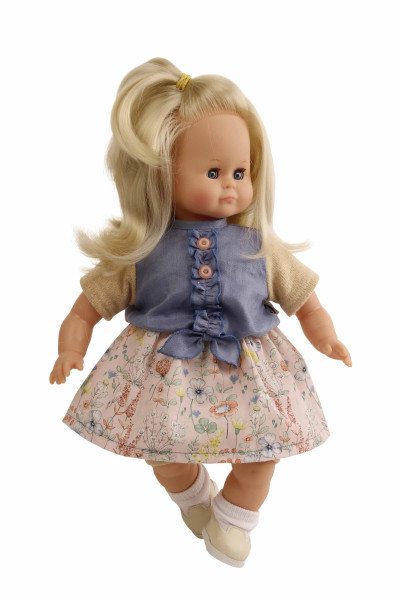 Schildkröt Manufaktur Puppe Schlummerle 37 cm blonde Haare, blaue Schlafaugen, Blumenkleidung rose/bleu