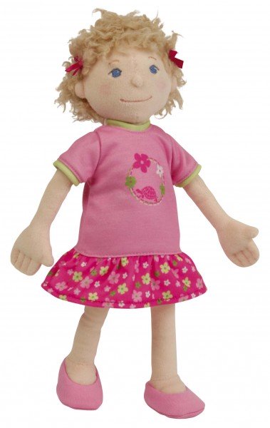 Schildkröt Manufaktur Stoffpuppe Emmeline 30 cm, gesticktes Gesicht, Kleidung pink/grün