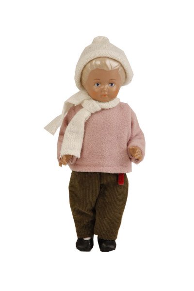 Schildkröt Manufaktur Puppe Ursel 18 cm von 1954 blonde Malhaare,Cordhose, rose Pulli