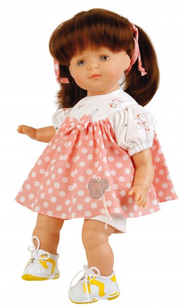Schildkröt Manufaktur Puppe Strampelchen 37 braune Haare, braune Malaugen, Sommerkleidung weiss/rose