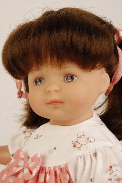 Schildkröt Manufaktur Puppe Strampelchen 37 braune Haare, braune Malaugen, Sommerkleidung weiss/rose Günstig kaufen