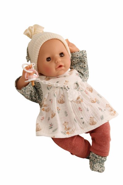 Schildkröt Manufaktur Baby Amy 45 cm mit Schnuller, Malhaar, braune Schlafaugen, Kleidung rot/grün/weiss