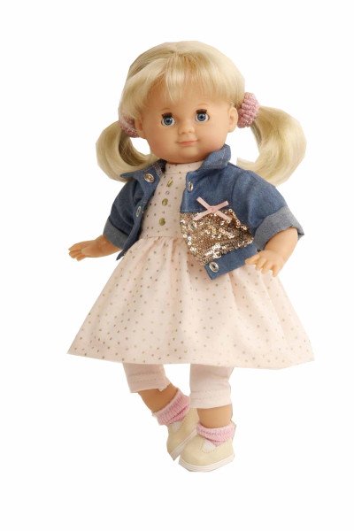 Schildkröt Manufaktur Puppe Schlummerle 32 cm blonde Haare, blaue Schlafaugen, Sommerkleid rose/bleu