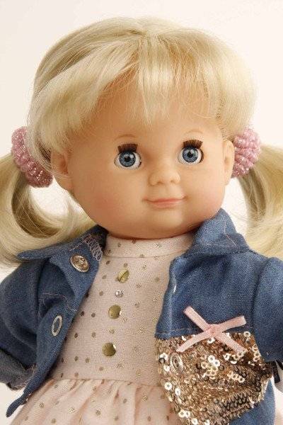 Schildkröt Manufaktur Puppe Schlummerle 32 cm blonde Haare, blaue Schlafaugen, Sommerkleid rose/bleu Exklusive Angebote