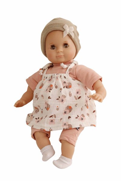 Schildkröt Manufaktur Puppe Schlummerle 32 cm mit Malhaar und braunen Schlafaugen, Kleidung rose/braun