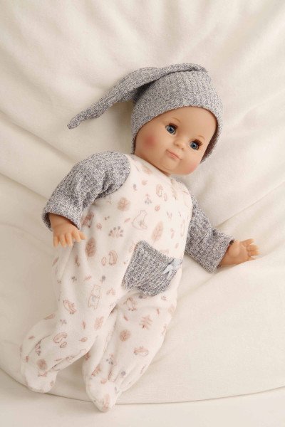 Schildkröt Manufaktur Puppe Schlummerle 32 cm mit Malhaar und blauen Schlafaugen, Overall weiß/blau/rose Sonderangebot der Fabrik