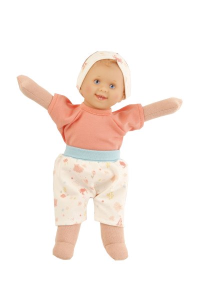 Schildkröt Manufaktur Puppe Löckchen 30 cm Malhaar, blaue Malaugen, Kleidung Blumenhose, rotes Shirt, Stirnband
