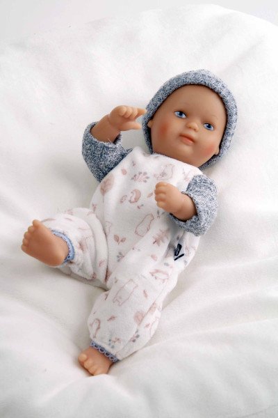 Schildkröt Manufaktur Puppe Mein 1. Baby 28 cm mit Malhaar und blauen Malaugen, Overall blau/weiss Angebote