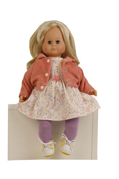 Schildkröt Manufaktur Puppe Schlummerle 37 cm blonde Haare, blaue Schlafaugen, Blumenkleidung weiß/rose