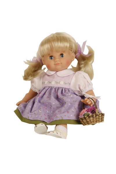 Schildkröt Manufaktur Puppe Schlummerle 32 cm blonde Haare, blaue Schlafaugen, Sommerkleid lila/weiss/grün
