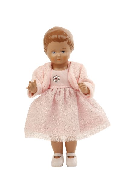 Schildkröt Manufaktur Puppe Ursel 18 cm von 1954 braune Malhaare, Sommerkleid rose