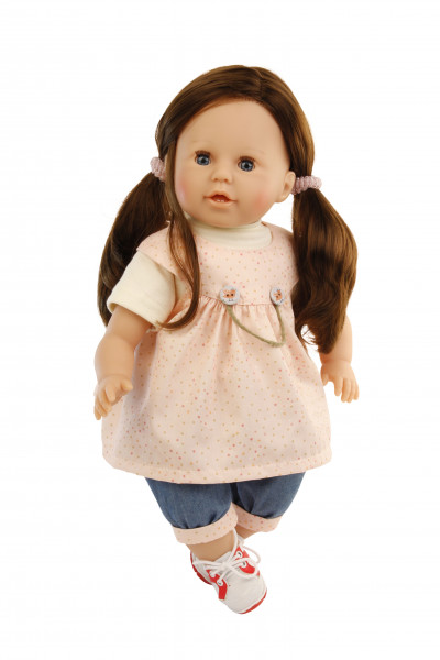 Schildkröt Manufaktur Puppe Susi 45 cm braune Haare, blaue Schlafaugen, Kleidung weiss/rose/blau