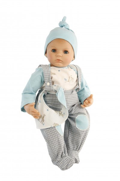 Schildkröt Manufaktur Puppe Peterle 52 cm mit Malhaar, blauen Schlafaugen, Kleidung grau/mint/weiss