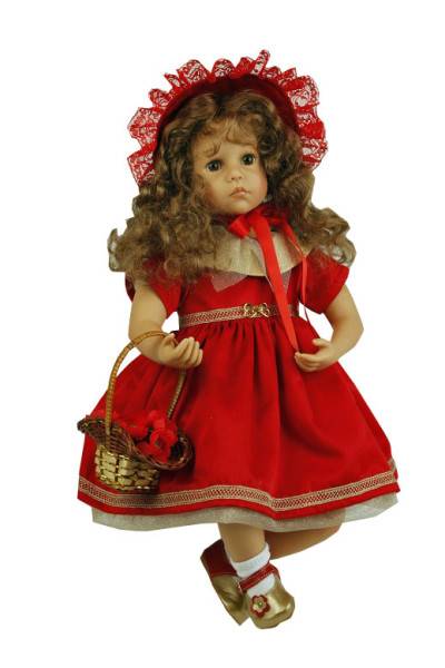 Schildkröt Manufaktur Puppe Elena sitzend 53 cm von Sybille Sauer rote Haare, festliches Kleid in rot