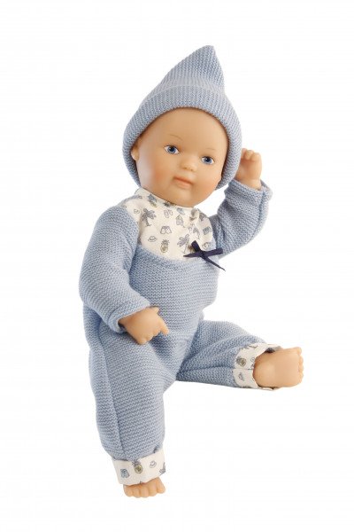 Schildkröt Manufaktur Puppe Mein 1. Baby 28 cm mit Malhaar und blauen Malaugen, Overall blau/weiß Strick