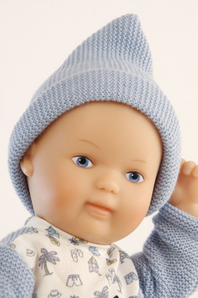 Schildkröt Manufaktur Puppe Mein 1. Baby 28 cm mit Malhaar und blauen Malaugen, Overall blau/weiß Strick Angebote