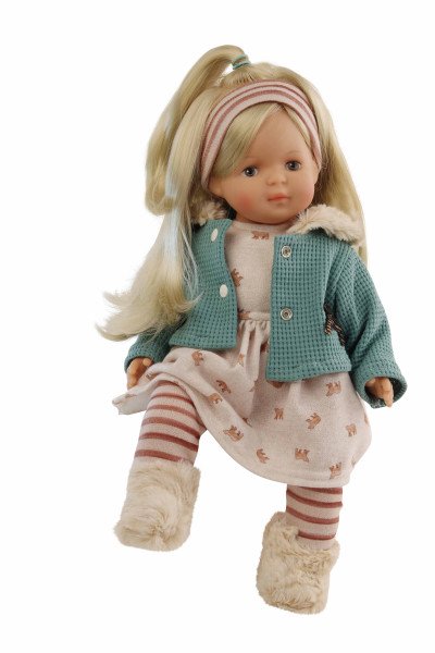 Schildkröt Manufaktur Puppe Strampelchen 37 blonde Haare, braune Malaugen, Winterkleidung rose/petrol