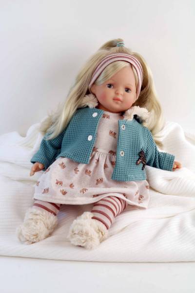 Schildkröt Manufaktur Puppe Strampelchen 37 blonde Haare, braune Malaugen, Winterkleidung rose/petrol Fabrikverkauf