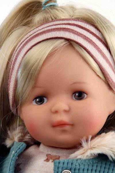 Schildkröt Manufaktur Puppe Strampelchen 37 blonde Haare, braune Malaugen, Winterkleidung rose/petrol Fabrikverkauf