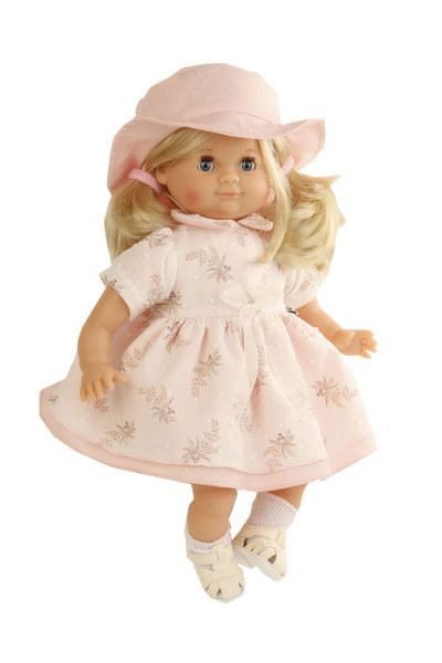 Schildkröt Manufaktur Puppe Schlummerle 32 cm blonde Haare, blaue Schlafaugen, Kleidung rose festlich