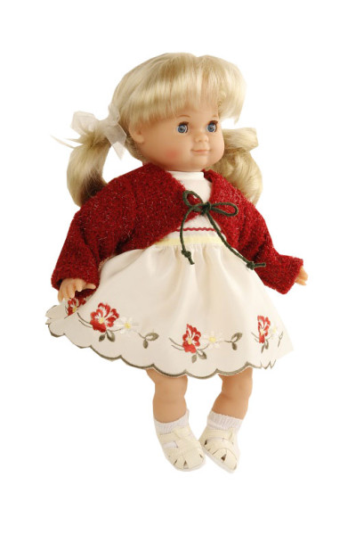 Schildkröt Manufaktur Puppe Schlummerle 32 cm blonde Haare, blaue Schlafaugen, Kleidung mit Plauerner Stickerei