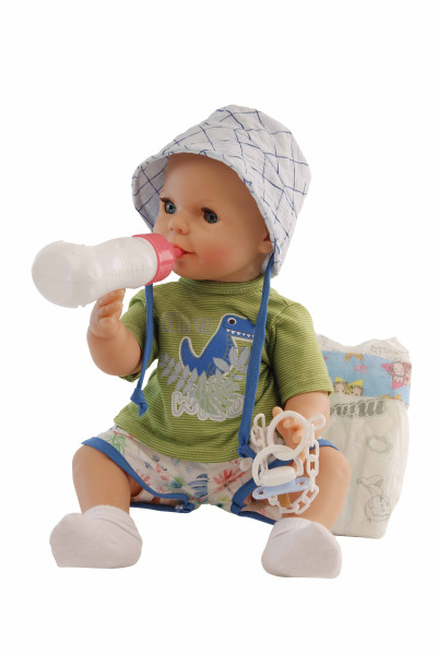 Schildkröt Manufaktur Trink + Näßbaby "Finn" 40 cm mit Malhaar und blauen Schlafaugen, Kleidung g weiss/grün/blau