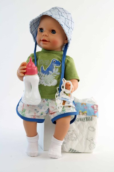 Schildkröt Manufaktur Trink + Näßbaby "Finn" 40 cm mit Malhaar und blauen Schlafaugen, Kleidung g weiss/grün/blau Fabrik Onlineshop
