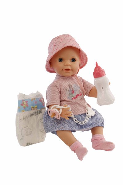 Schildkröt Manufaktur Trink + Näßbaby "Lina" 40 cm mit Malhaar und blauen Schlafaugen, Kleidung rose/bleu