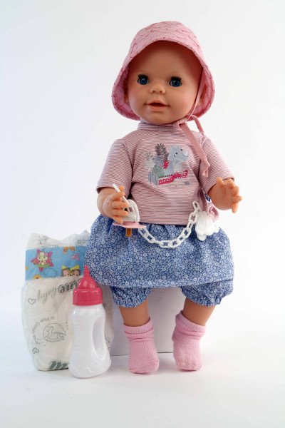 Schildkröt Manufaktur Trink + Näßbaby "Lina" 40 cm mit Malhaar und blauen Schlafaugen, Kleidung rose/bleu Fabrikpreis