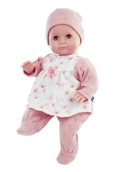 Schildkröt Manufaktur Puppe Schlummerle 32 cm mit Malhaar und braunen Schlafaugen, Kleidung rose/weiss