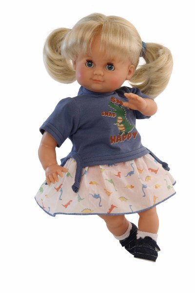 Schildkröt Manufaktur Puppe Schlummerle 32 cm blonde Haare, blaue Schlafaugen, Sommerkleidung Dino