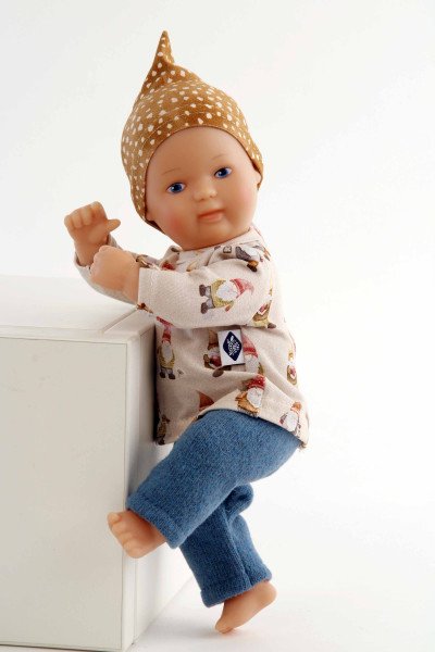 Schildkröt Manufaktur Puppe Mein 1. Baby 28 cm mit Malhaar und blauen Malaugen, Wichtelkleidung blau/braun Blitzangebot