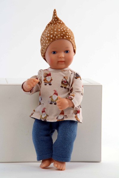 Schildkröt Manufaktur Puppe Mein 1. Baby 28 cm mit Malhaar und blauen Malaugen, Wichtelkleidung blau/braun Blitzangebot