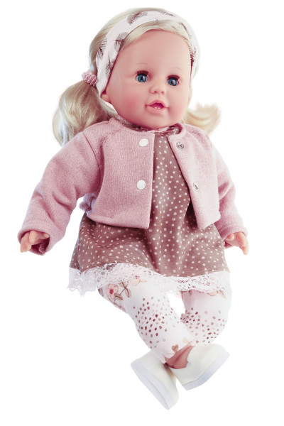 Schildkröt Manufaktur Puppe Susi 45 cm blonde Haare, blaue Schlafaugen, Kleidung weiss/rose/braun Outlet