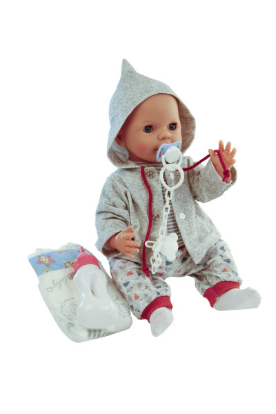 Schildkröt Manufaktur Trink + Näßbaby "Finn" 40 cm mit Malhaar und blauen Schlafaugen, Kleidung grau/blau/rot Auslauf