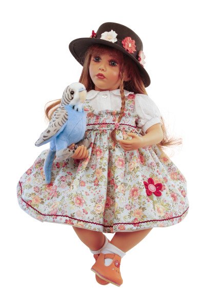 Schildkröt Manufaktur Puppe Carolina sitzend 53 cm von Sybille Sauer rote Haare, Blumenkleidung