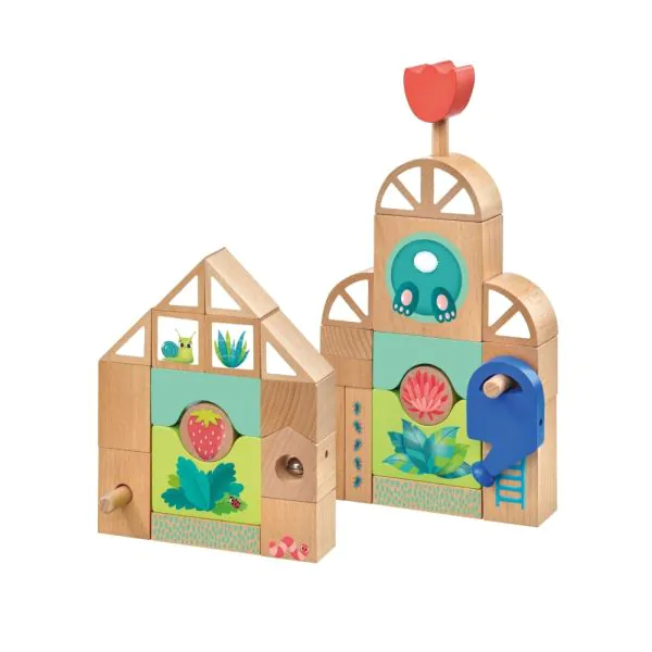 Schmidt Spiele TULIP'S GARDEN by SELECTA® Kleinkindwelt: Holzbausteine Gewächshäuser, 34 Teile