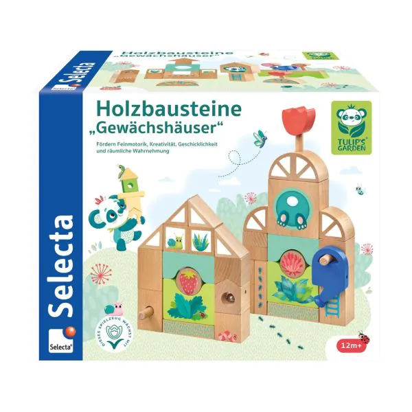 Schmidt Spiele TULIP'S GARDEN by SELECTA® Kleinkindwelt: Holzbausteine Gewächshäuser, 34 Teile Limitierter Zeitrabatt