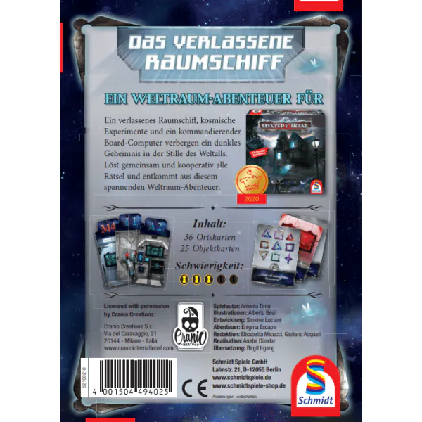 Schmidt Spiele Mystery House, Das verlassene Raumschiff, 2. Erweiterung, Familienspiel Lagerräumung