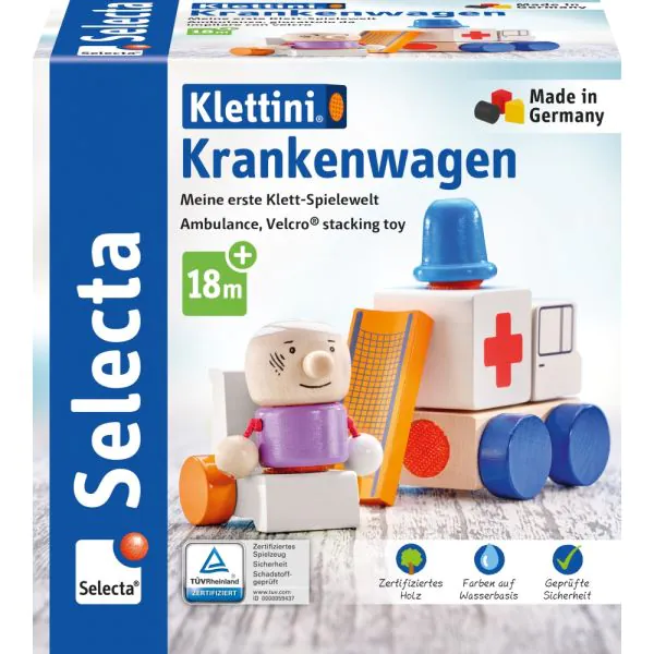 Schmidt Spiele Klettini® Krankenwagen, Klett-Stapelspielzeug aus Holz, 7 Teile