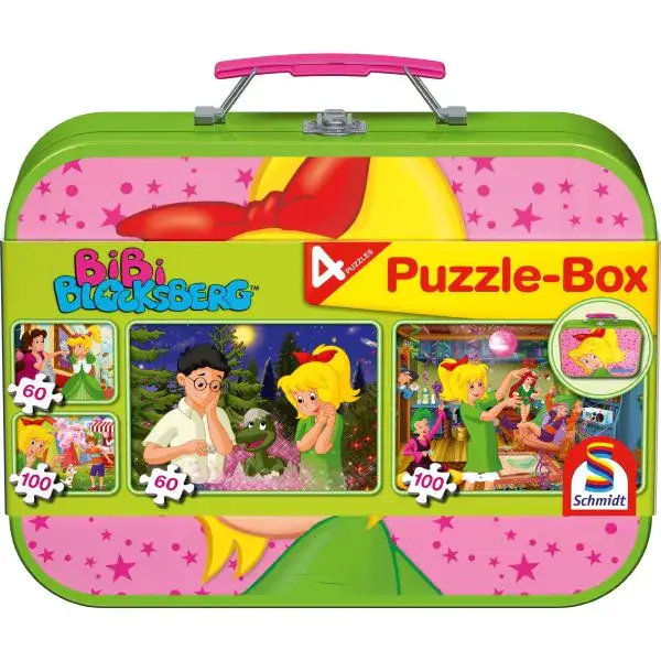 Schmidt Spiele Puzzle-Box: Bibi Blocksberg im Metallkoffer mit 4 Kinderpuzzles mit 4 Kinderpuzzle (2 x 60 Teile & 2 x 100 Teile) Preisnachlass