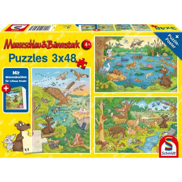 Schmidt Spiele Mauseschlau & Bärenstark: Reise in die Natur, 3x48 Teile Kinderpuzzle mit Add-on (Wissensbüchlein) Heißer Verkauf